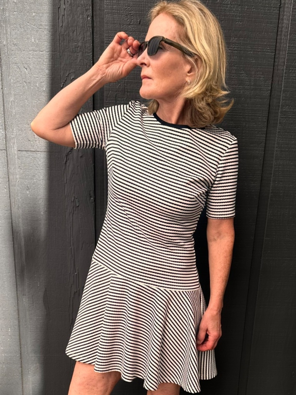 ADORABLE Trina Turk Black and Cream Stripe Swing Dress for Summer.